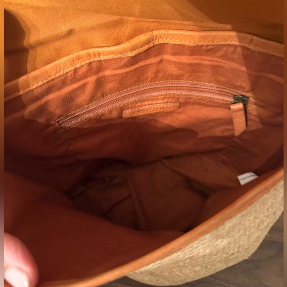 Street Level Shoulder Bag Backpack Raffia Tan Genuine Leather Boho Beach - Picture 9 of 15